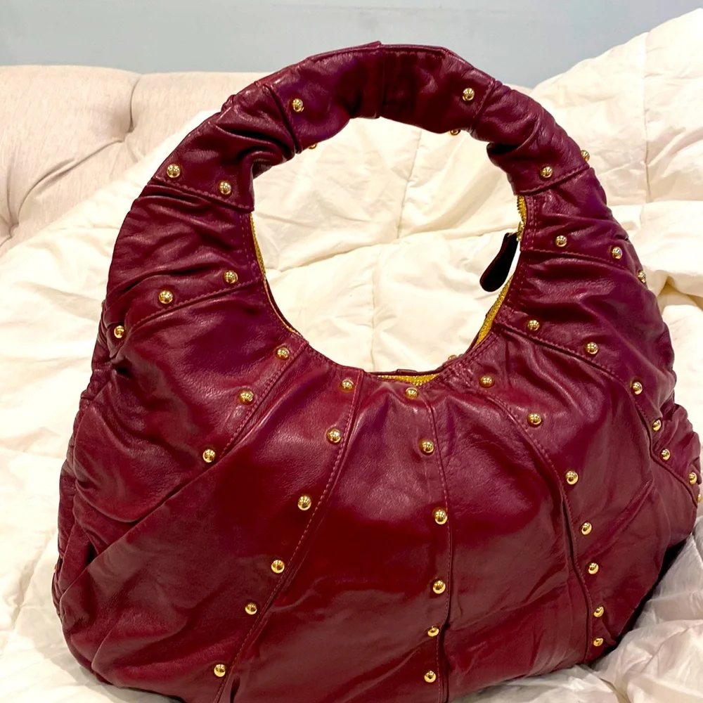 GOLDENBLEU burgundy leather purse 👛 semi circular bag with gold tone stud over
